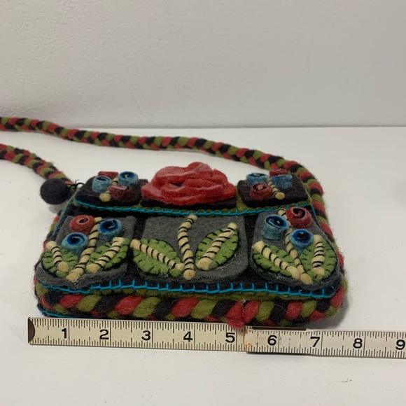 Rising Tide Felted Wool Floral Purse Red Rose green and blue accents shoulder - Picture 9 of 12